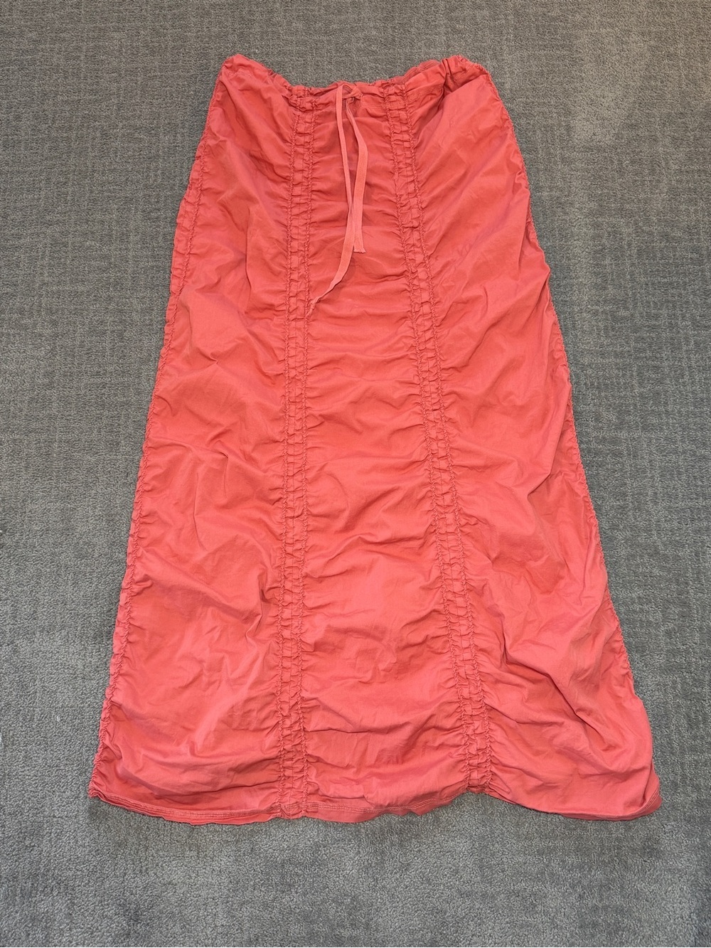 XCVI Stretch Poplin Double Shirred Panel Midi Skirt Drawstring Coral Pink
